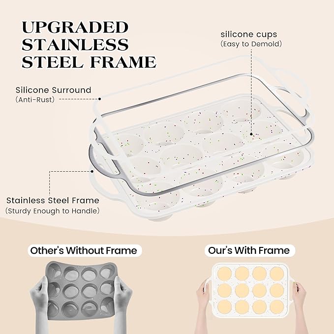 silicone muffin pan for baking with metal frame (Cream, Mini+Regular+Rectangle)