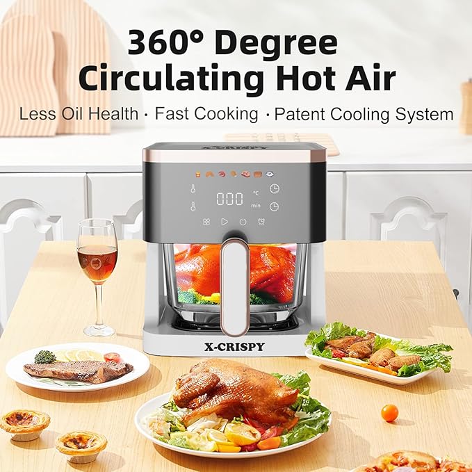 APSARAS USA Air Fryer Glass, 5.2QT Convection Oven Glass Air Fryer Non Toxic, Transparent Fry Bowl | Cook Shrimp, Steak, Fries, Wings, Chicken & More | Precise Temperature Control & Time