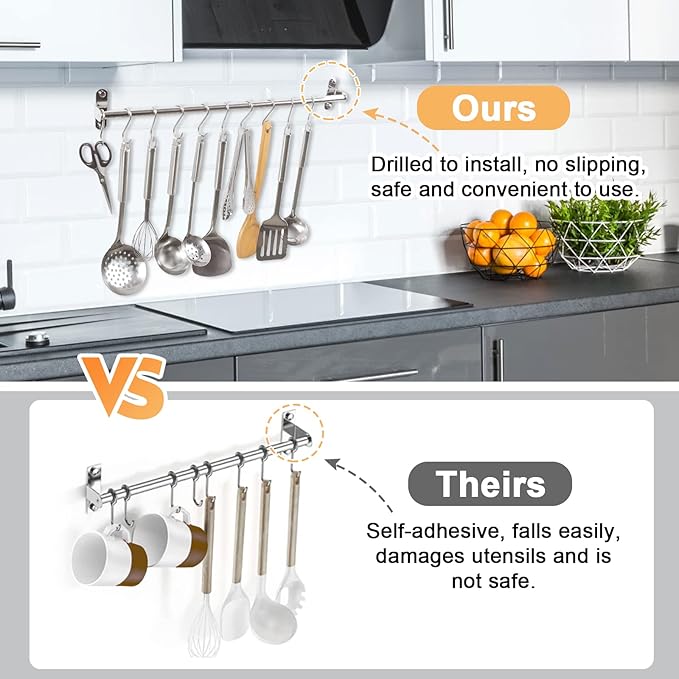 Kitchen Utensils Holder Hanging Racks 304 Stainless Steel Rail Utensil Storage Hanger Wall Mounted Rack for Tools and Pots(60cm)