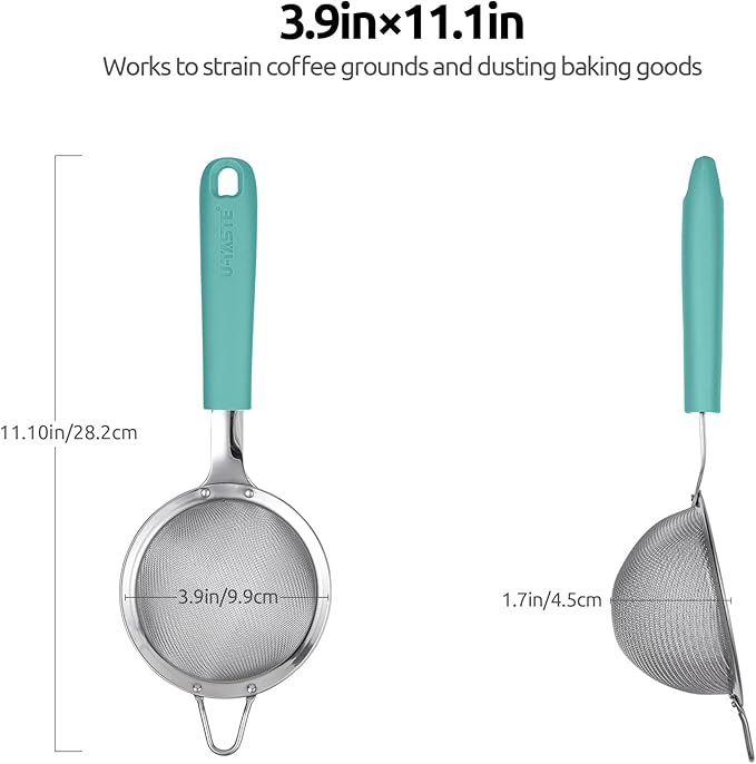 U-Taste 10 Piece Measuring Cups and Spoons Set in 18/8 Stainless Steel, and 18/8 Stainless Steel 3.9 inch 30 Mesh Strainer (Aqua Sky)