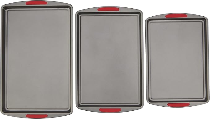 GoodCook MegaGrip Set of 3 Nonstick Steel Multipurpose Cookie Sheets with Silicone Grip Handles, Gray