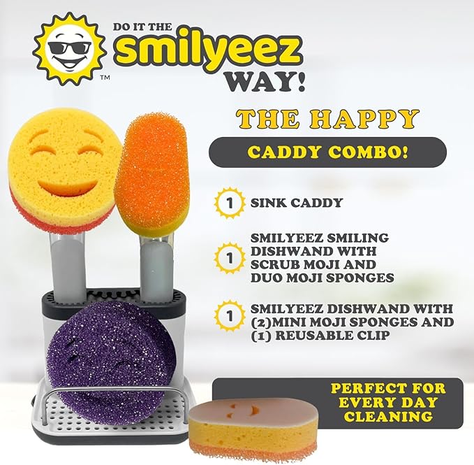Smilyeez Caddy Combo, Sink Caddy, Smiling Handle, 2 Scrub Moji Sponges, Dishwand with 2 Mini Moji Sponges (Light Blue)
