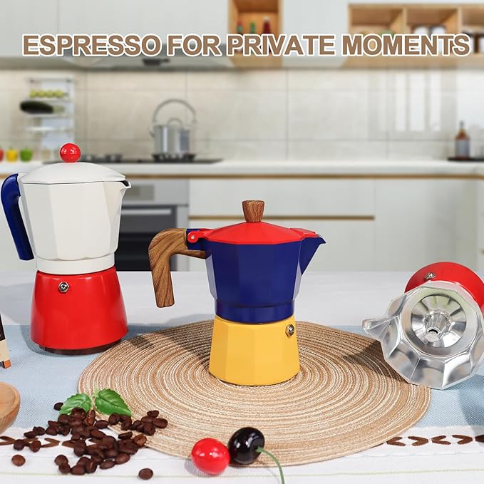Aluminum 6 Cup 300ml Moka Pot Express Coffee Maker Stovetop Espresso Colorful Coffeemaker Italian Classic Style Brewing Greca Cafe Mocha Machine for Cafeteras Lover Camping Travel and Home Use 10oz