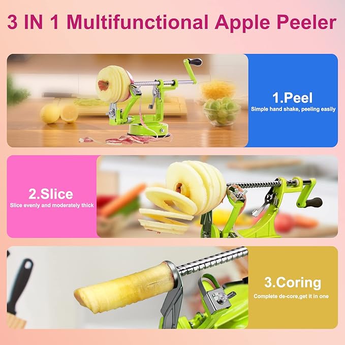 Apple Peeler, Slicer Corer Potato Peelers 3 In 1, Stainless Steel Heavy Duty with Suction Cup Base And 3 Extra Blades (Green)