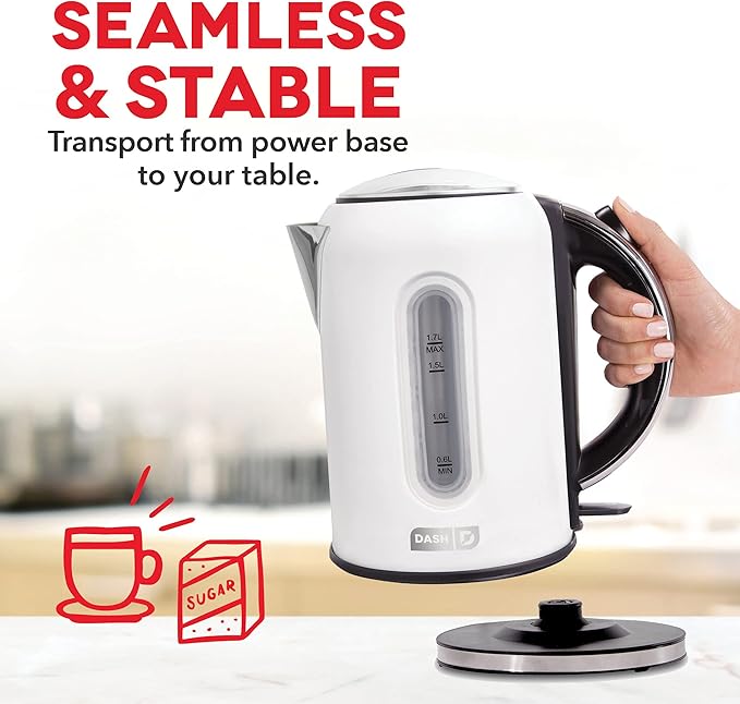 DASH DEK001MW Electric Kettle + Water Heater with Rapid Boil, Cool Touch Handle, Cordless Carafe, No Drip Spout + Auto Shut Off For Coffee, Tea, Espresso & More, 57 oz/ 1.7 L - Matte White