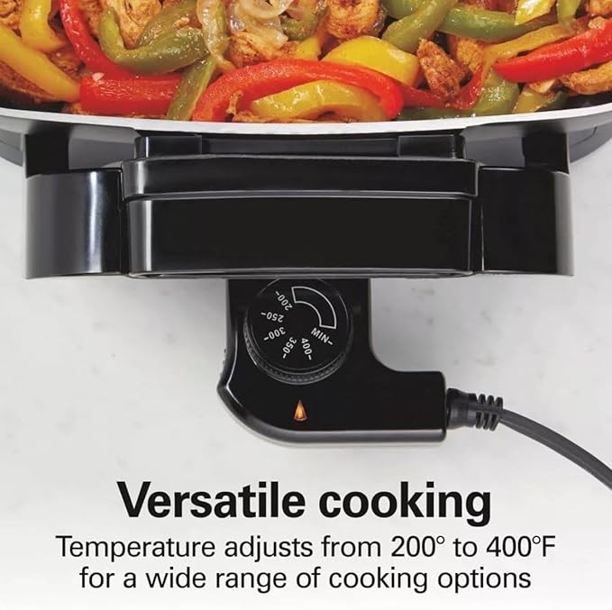 Hamilton-Beach 20.5" x 12.5" x 7.5" Durathons Ceramic Reversible Nonstick Electric Skillet, Large Cooking Surface, Adjustable Temperature Control, Easy Cleaning, Glass Lid, Black
