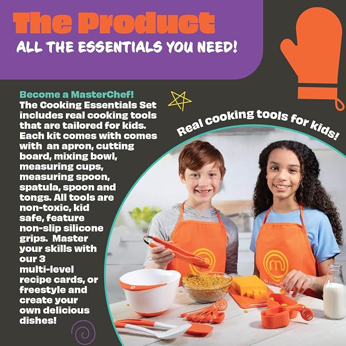MasterChef Junior Cooking Essentials Set - 9 Pc. Kit Includes Recipes, Apron, Cutting Board, Mixing Bowl, Measure Cups, Spoons, Homemade Holiday Gifts