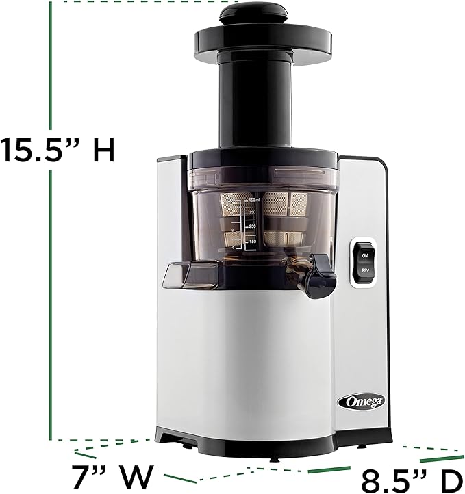 Omega Juicer Cold Press Vertical 43 RPM Slow Masticating Compact Juice Extractor for Fruits and Vegetables Quiet Operation with 3 Stage Auger Automatic Pulp Ejection and No-Drip Tap, 150-Watts, Silver