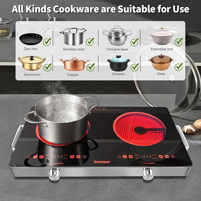 Karinear 2 Burner Electric Cooktop 110V, Portable Electric Stove with Handle, Knob Control Electri Hot Plate, Ceramic Countertop Burner, Timer, Safety Lock, 9 Power Level, 2000W, 24 inch(Gold)