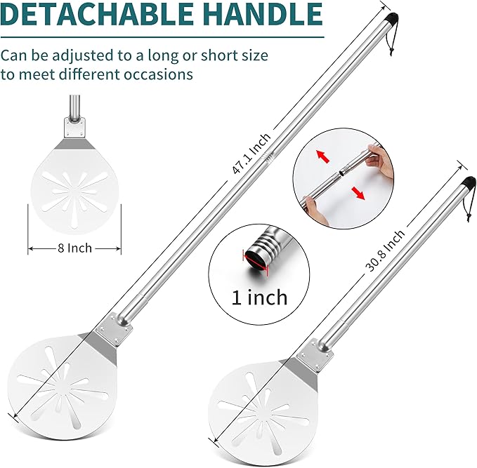 Stainless Steel Pizza Turning Peel 8-Inch, HaSteeL Round Pizza Turner Paddle, Perfortaed Pizza Spinner Spatula with Long Detachable Handle, Dishwasher & Oven Safe