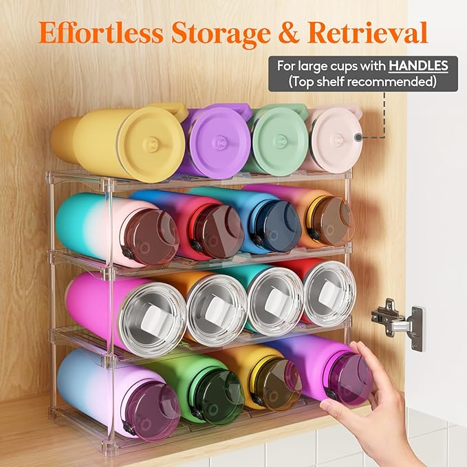 Lifewit Stackable Bottle Storage Organizer, Clear Freestanding Wine Holder for Cabinet, Large Slot Water Bottle Tumbler Organizer for Pantry, Plastic Wine Rack for Fridge Cellar, 4Tier Hold 16