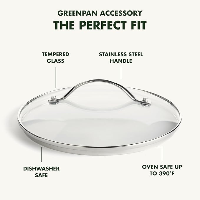 GreenPan 8.5" Universal Glass Lid with Stainless Steel Handle, Tempered Glass Lid for Frying Pan Skillet, PFAS-Free