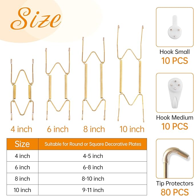 Bilillo 20 pcs Plate Hangers for The Wall, 4/6/8/10 Inch Invisible Decorative Wall Plates Hangers, Stainless Steel Plate Wall Holders for Display Various Sizes with Hooks for Decorative Gold