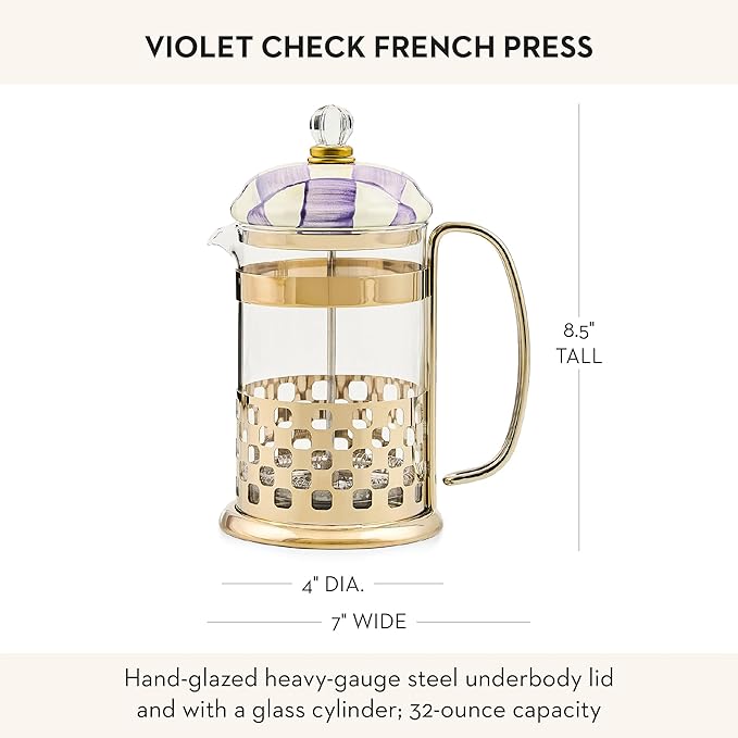 MACKENZIE-CHILDS Coffee French Press, Glass French-Press Coffee Maker, 32-Ounce Capacity, Purple-and-White Violet Check