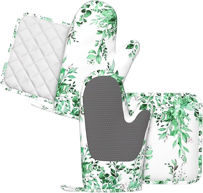 Green Eucalyptus Oven Mitts and Pot Holders Set, 4pcs Silicone Watercolor Plant Leaves with Floral Oven Glove for Kitchen Heat Resistant Oven Mitts and Potholders Non-Slip for Cooking