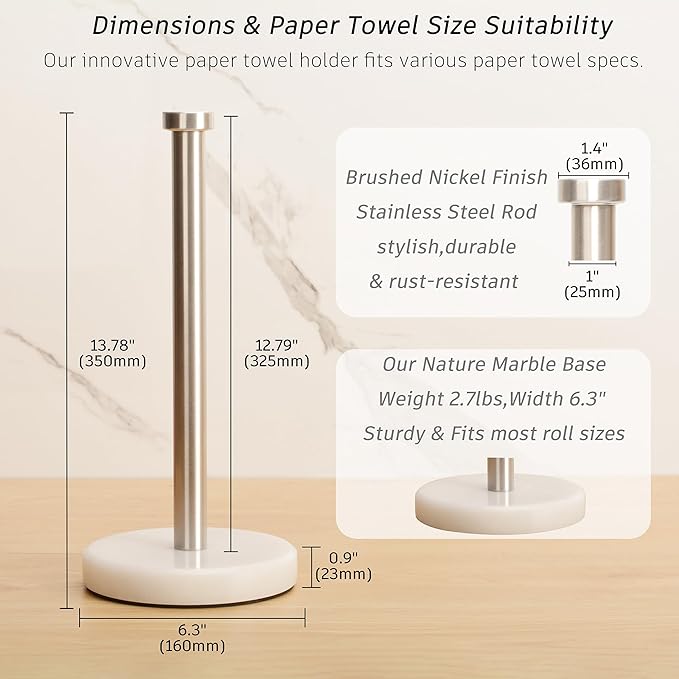 Paper Towel Holder Countertop, Heavy Weighted Marble Base Paper Towels Holder for Kitchen Counter, Modern Standing Papertowel Roll Holders(Brushed Nickel Stainless Steel Bar, White Natural Marble)