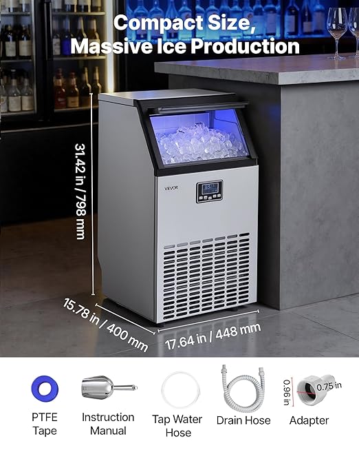 VEVOR Commercial Ice Maker Machine, 130 lbs/24h with 26 lbs Storage Capacity, Moon-Shaped Ice，Built-in/Freestanding/Under Counter, Ice Maker with LED Display & Self-Cleaning, for Home Bar Restaurant