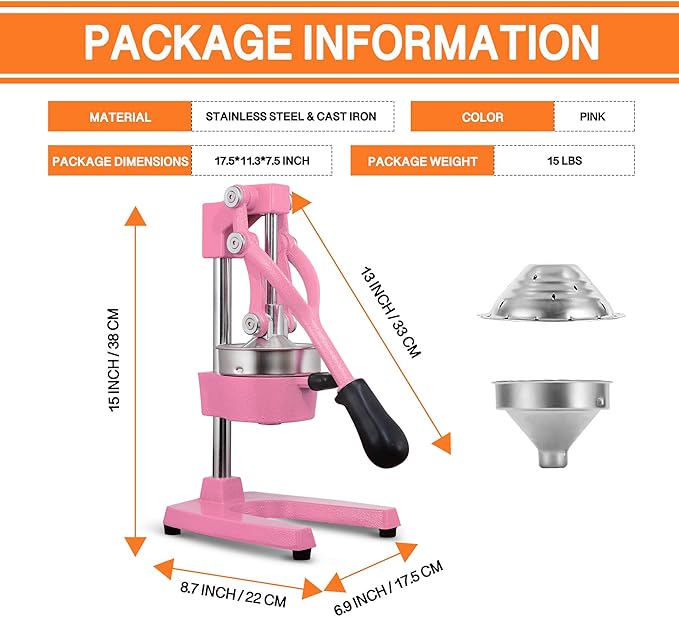Commercial Heavy Duty Cast Iron Hand Press Manual Orange Citrus Lemon Lime Grapefruit Pomegranate Fruit Juice Squeezer Machine with Stainless Steel Cup Pink