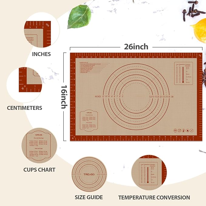 Pastry Mat, 0.7mm Extra Thick 26 x 16 Inches Large Non Stick Silicone Baking Pad, Pie Crust Rolling Supplies for Making Christmas Cookies Bread, Easy to Clean