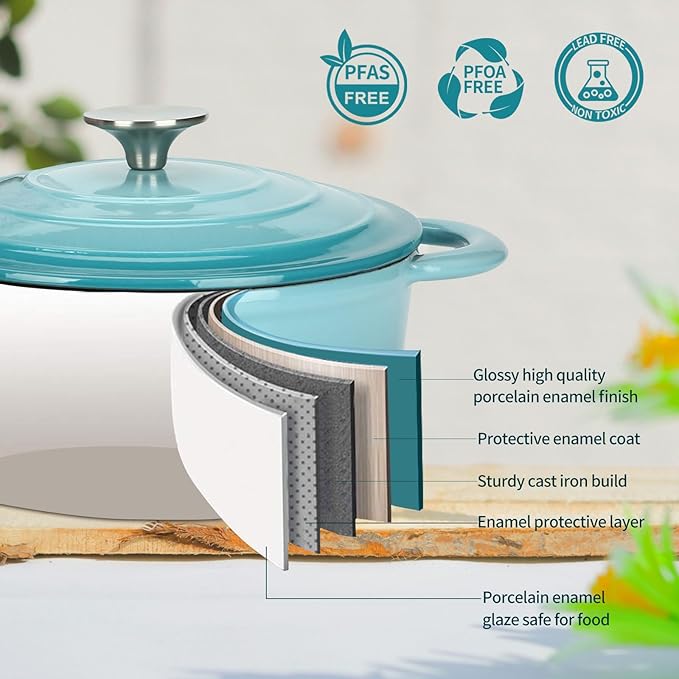 COOKWIN Enameled Cast Iron Dutch Oven, 5 QT Bread Baking Pot with Self Basting Lid, Non-stick Enamel Coated Cookware Pot, Great Christmas Gifts for Family, Teal