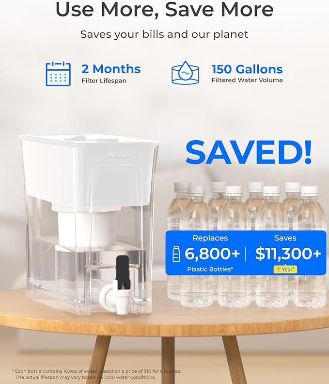 Waterdrop Fluoride-Reducing Water Filter Dispenser, 35-Cup, 150-Gallon Long-Life, Large Capacity, Reduces Chlorine, PFOA/PFOS and More, BPA Free, White (with 1 Filter)