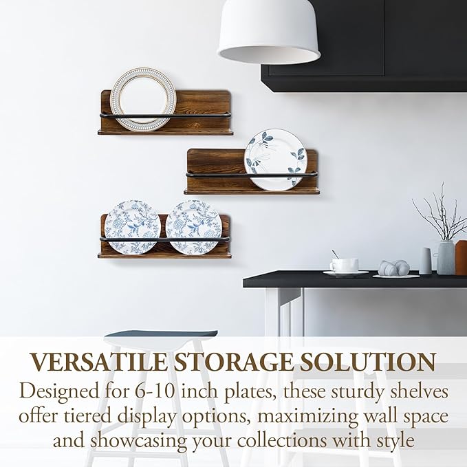 MyGift Plate Wall Hangers for Display, Set of 3 Wall Mounted Plate Rack for 6 to 10 Inch Plates, Decorative Wood Stand Shelf and Black Metal Rack Decor Hangers
