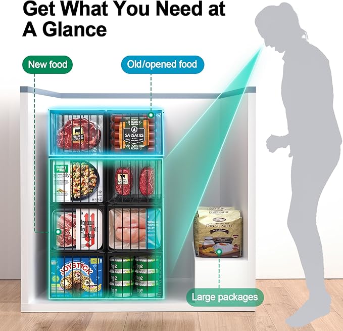 Freezer Organizer Bins, 6 Pack Stackable Deep Chest Freezer Organizer Bins, Foldable Baskets with Handles, Black Storage Container Baskets for 5/ 7 Cu.FT Deep Freezer Sort Frozen Meats