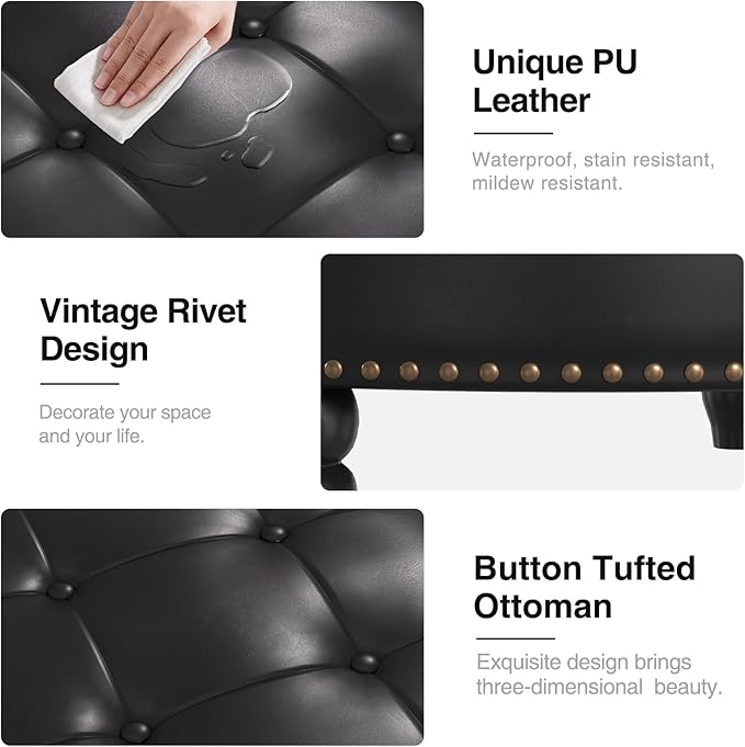 30 Inch Large Round Ottoman with Storage, Modern Leather Ottoman Coffee Table with Lift Top, Upholstered Button Tufted Footrest Stool Toy Blanket Storage for Living Room, Black