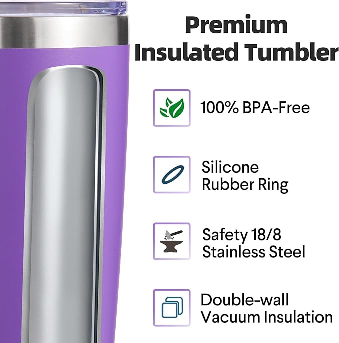 Volhoply 20oz Stainless Steel Tumbler with Lid and Straw,Double Wall Insulated Travel Iced Coffee Mug Fits Car Cup Holder,Powder Coated Cups for Hot and Cold Drinks,Gifts for Women Men（Purple,1 Set）