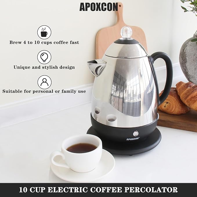 APOXCON Electric Coffee Percolator Stainless Steel Coffee Maker with Clear Brew Progress Knob and No-Drip Spout Auto Keep Warm & Cordless Serving Coffee pot with On/OFF Switch Fast Brew (10 Cup)
