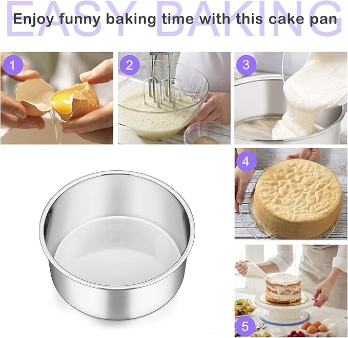 P&P CHEF 6 Inch Cake Pans Set, Round Baking Pan Stainless Steel Layer Birthday Wedding Cake Oven Pans, Non Toxic & Heavy Duty, Deep Side & Mirror Finish, Dishwasher Safe, (3Pcs)