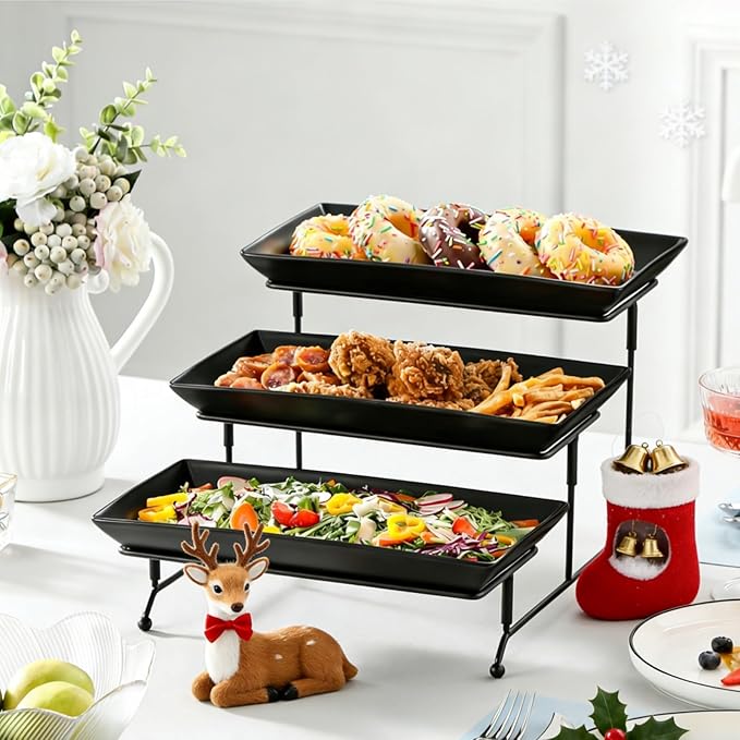MALACASA 3 Tier Serving Tray, Porcelain Tiered Serving Trays Platters, 12 Inch Serving Stand with Platters,Black Dessert Stand with Collapsible Sturdier Metal Rack,Series PLAT
