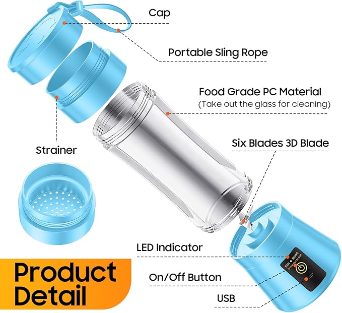Portable Blender for Smoothies & Shakes - Cordless Personal Size Mini Blender with BAP Free Juice Cup, USB Rechargeable Suit for Sports/Picnic