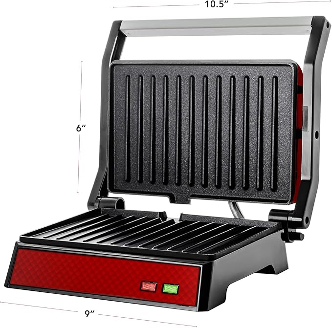 OVENTE Electric Indoor Panini Press Grill and Sandwich Maker with Non-Stick Coated Plates, Cool-Touch Handle and Removable Drip Tray, Opens 180 Degrees to Fit Any Type or Size of Food, Red GP0620R
