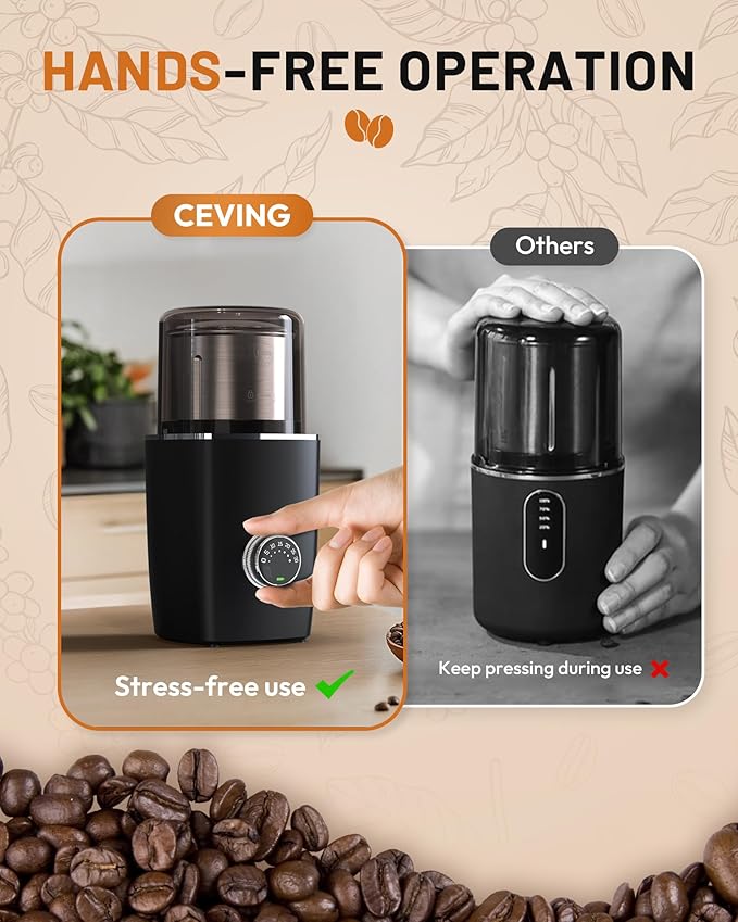 CEVING Hands-Free Blade Coffee Grinder, Cordless Coffee Mill with 5-30S Adjustable Grinding, Triple-Lock Safety & 1500mAh Rechargeable Battery with Removable Bowl, Portable for Camping, Travel, etc.