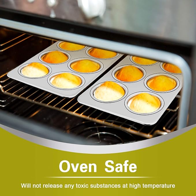 P&P CHEF Muffin Pan Cupcake Baking Pan Set, Stainless Steel Muffin Tin Tray for Mini Cake Tart Quiche, Oven & Dishwasher Safe, Non-toxic & Heavy-duty, (6 Cup, 2Pcs)