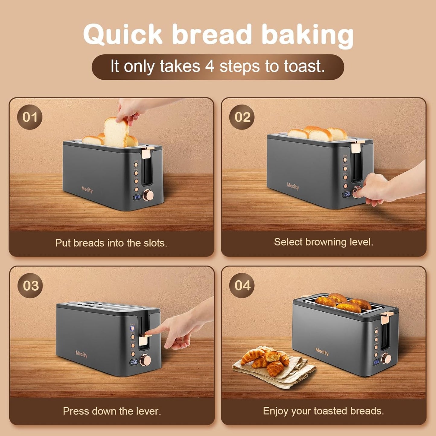 Mecity 4 Slice Toaster, Long Slot Toaster With Warming Rack, Bagel/Defrost/Reheat Functions,Warming Rack, Crumb Tray, 6 Browning Settings, Extra Wide Long Slots, Stainless Steel, 1300W,Grey