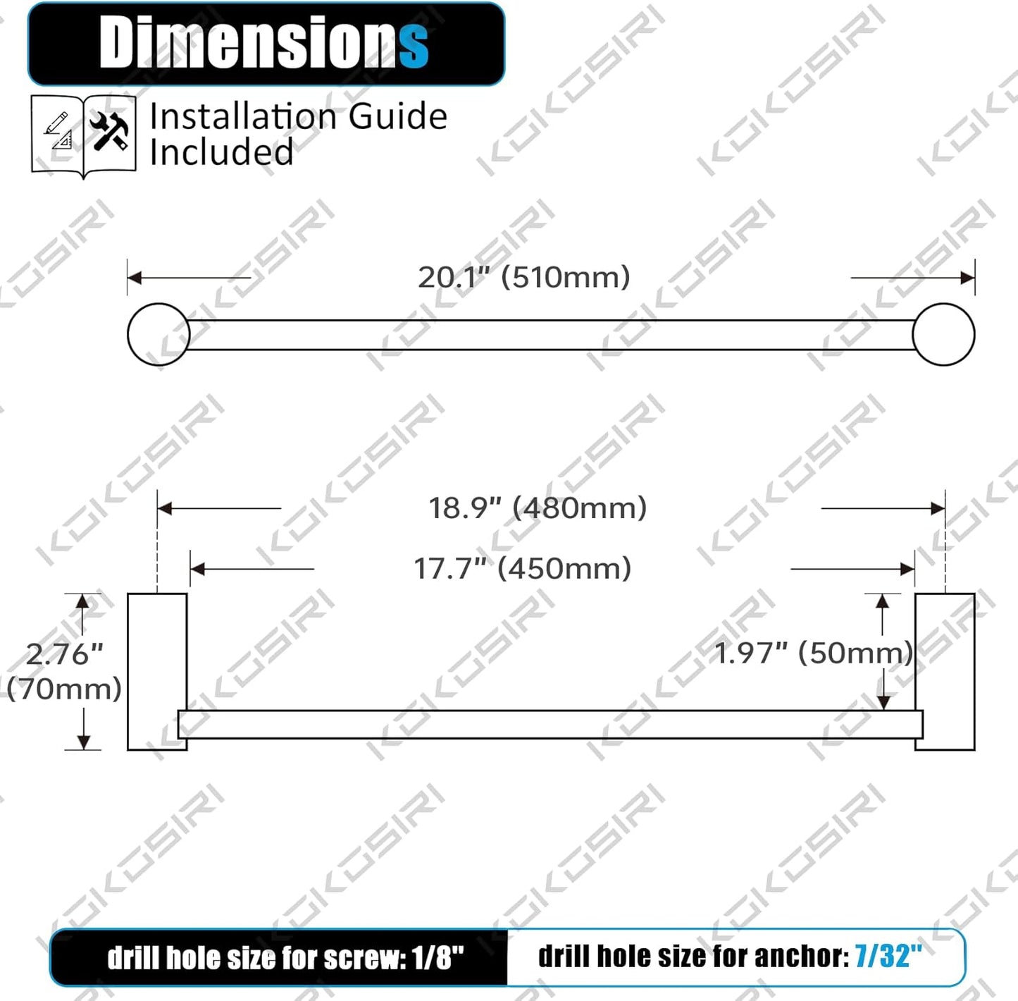 KOKOSIRI Bath Towel Bar for Bathroom 20 Inches Brushed Nickel Towel Rack for Lavatory Wall Mounted Bathroom Accessories Stainless Steel, B4007BR-L20