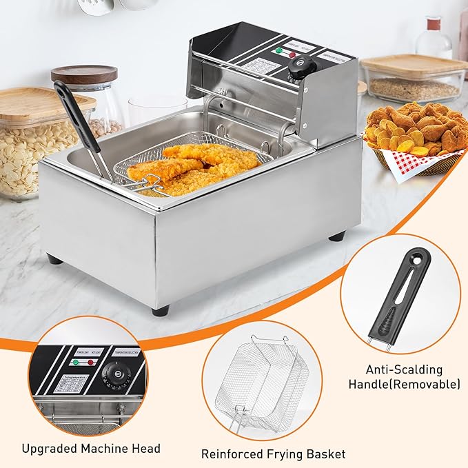 Electric Deep Fryer – 6L Large Capacity Deep Fryer with Detachable Basket, Adjustable Temperature Control, 1600W Stainless Steel Commercial Fryer for Restaurant & Home – Perfect for Chicken, Fries