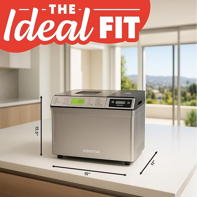Gourmia Bread Maker with 2 LB Loaf Capacity - 13 Presets Jam Mode, Automatic Ingredient Dispenser, Customizable Crust Options, Keep Warm & Delay Start, Dishwasher Safe Parts