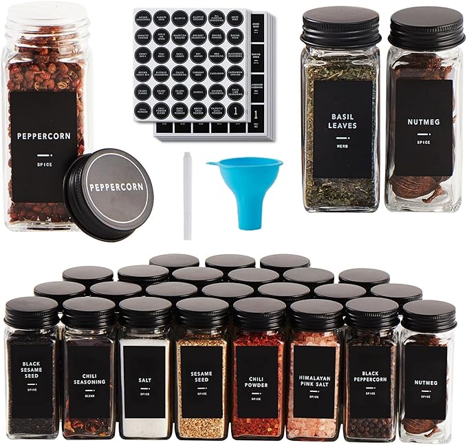 Skiileor 25 Pcs Spice Jars with Label- Glass Spice Jars with Black Metal Caps,Shaker Lids, Funnel, Chalk Pen, 4oz Seasoning Containers Bottles for Spice Rack, Cabinet, Drawer