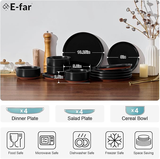 E-far 12-Piece Stoneware Plates and Bowls Sets, Dinnerware Sets for 4, Ceramic Dishware Dishes Set with Terracotta Base, Chip & Scratch Resistant, Microwave & Dishwasher Safe, Matte Black