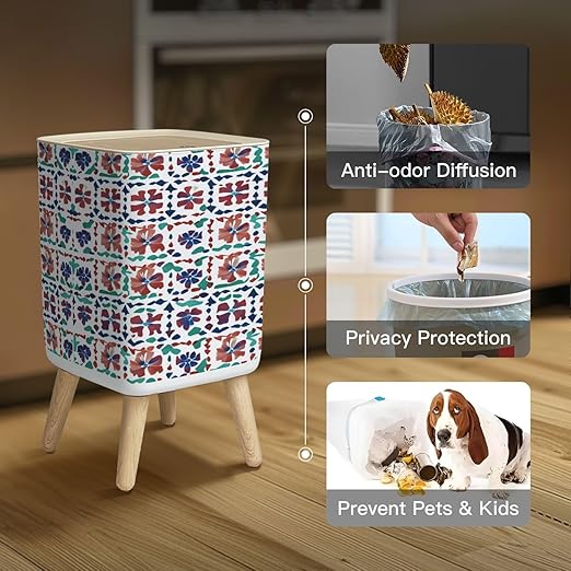 Small Trash Can with Lid Mexican vintage talavera tiles seamless pattern theme Fashionable Red Wastebasket with Press Cover Dog Proof Garbage Can Waste Bin for Kitchen Bathroom Nursery 2.6 Gallon