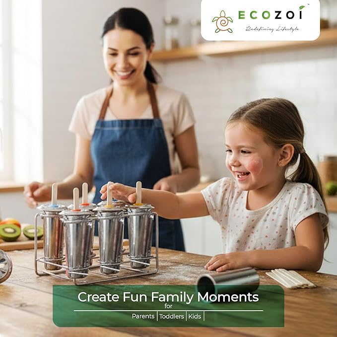 Ecozoi Stainless Steel Popsicle Molds, 6 Metal Ice Popsicle Makers, 30 Reusable Bamboo Sticks, 12 Silicone Seals and 1 Rack, Eco Popsicle Molds for Kids and Adults, 3 oz Per Mold (Round)