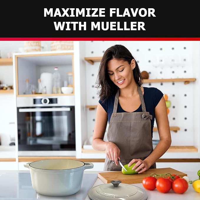 MUELLER HOME 7.5 QT Enameled Cast Iron Dutch Oven, Heavy-Duty Casserole Dish and Braiser Pan with Lid and Stainless Knob, Oven-Safe up to 500° F & Across All Cooktops, Oyster White