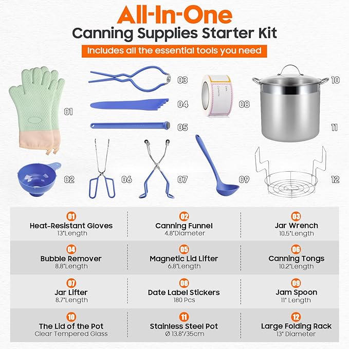 Stainless Steel Canning Pot with Rack and Lid, Large Water Bath Canner, Full Home Canning Supplies Starter Kit (27.5 Quarts, Blue)