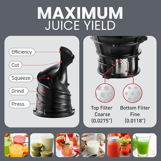 Elite Gourmet EJX320 Big Mouth Whole Fruit 5.2” Self-Feeding Chute, Cold Press Masticating Slow Juice Extractor, Hands-Free, Less Prep, Easy to Clean, Impact Resistant BPA Free Tritan, Black