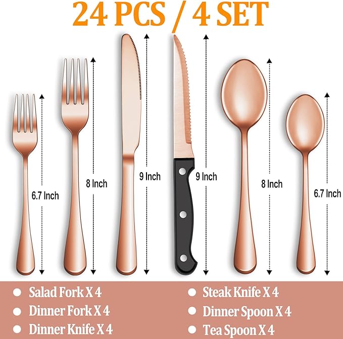 24 Pcs Rose Gold Silverware Set with Steak Knives Service for 4,Stainless Steel Flatware Set,Mirror Polished Cutlery Utensil Set, Kitchen Eating Tableware,Include Fork Knife Spoon Set,Dishwasher Safe