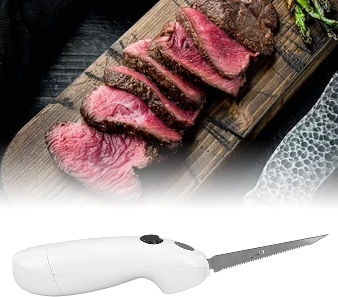 Cordless Electric Fillet Knife, Battery Powered Portable Electrical Food Cutter for Carving Steak, Pork, Chicken, and Bread, Removable Reciprocating Serrated Stainless Steel Blades