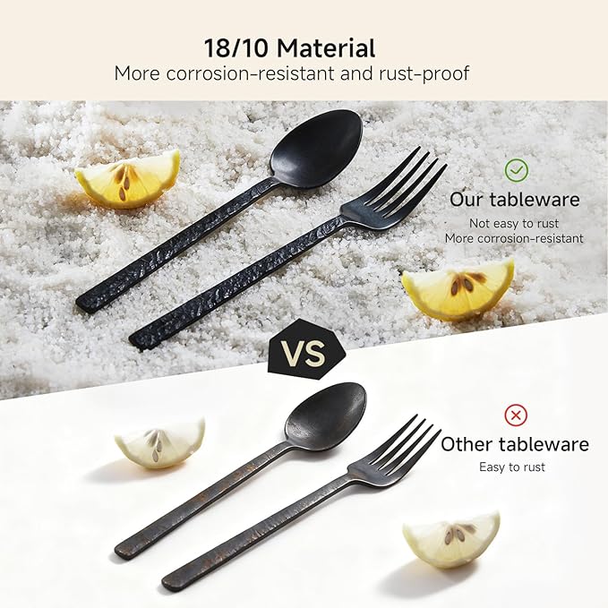 KINGSTONE 20 Pcs Black Hammered Silverware Set for 4, 18/10 Stainless Steel Heavy Duty Flatware Set, Tableware Cutlery Utensil Sets for Home Restaurant Dishwasher Safe